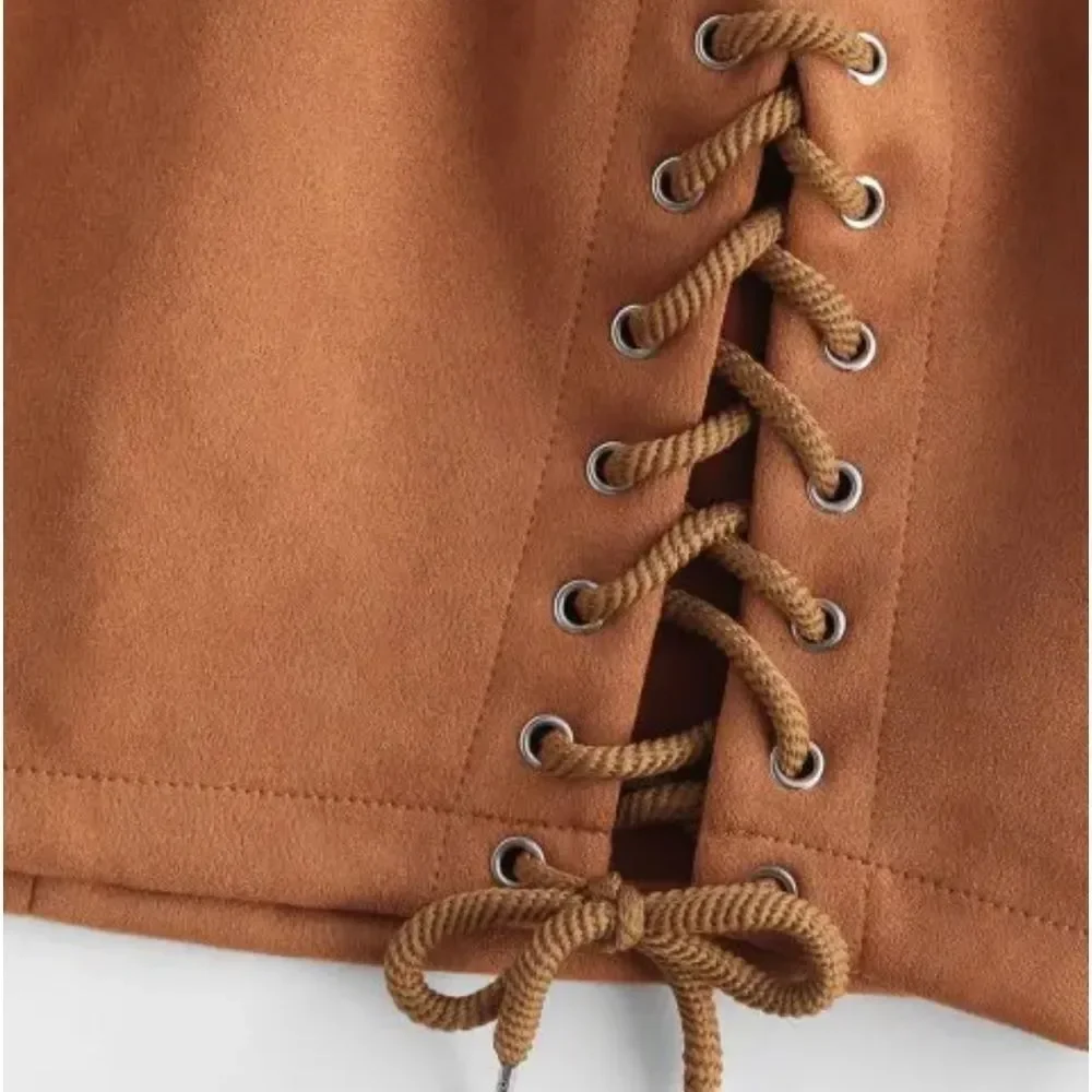 NWOT Lace-Up Faux Suede Mini Skirt coffee